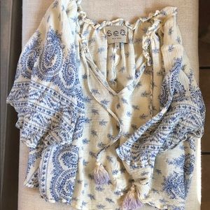 SEA Blue Paisley Print Silk Crop Top